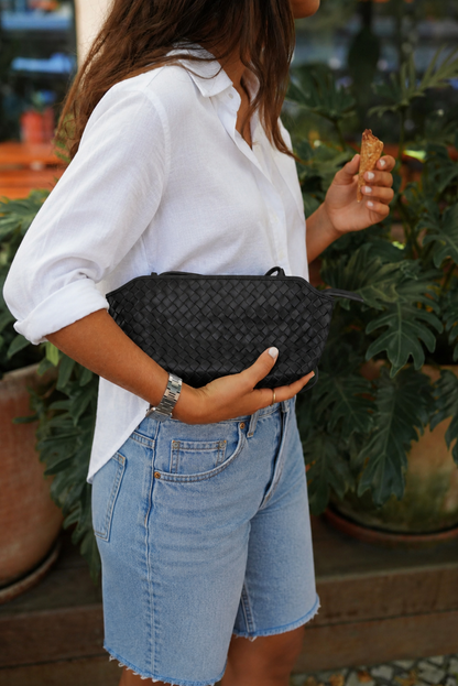 Woven Leather Shoulder Mini Tote Bag Black