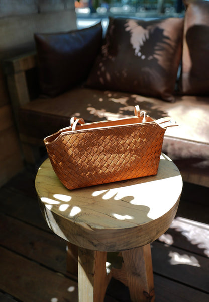 Woven Leather Shoulder Mini Tote Bag Camel