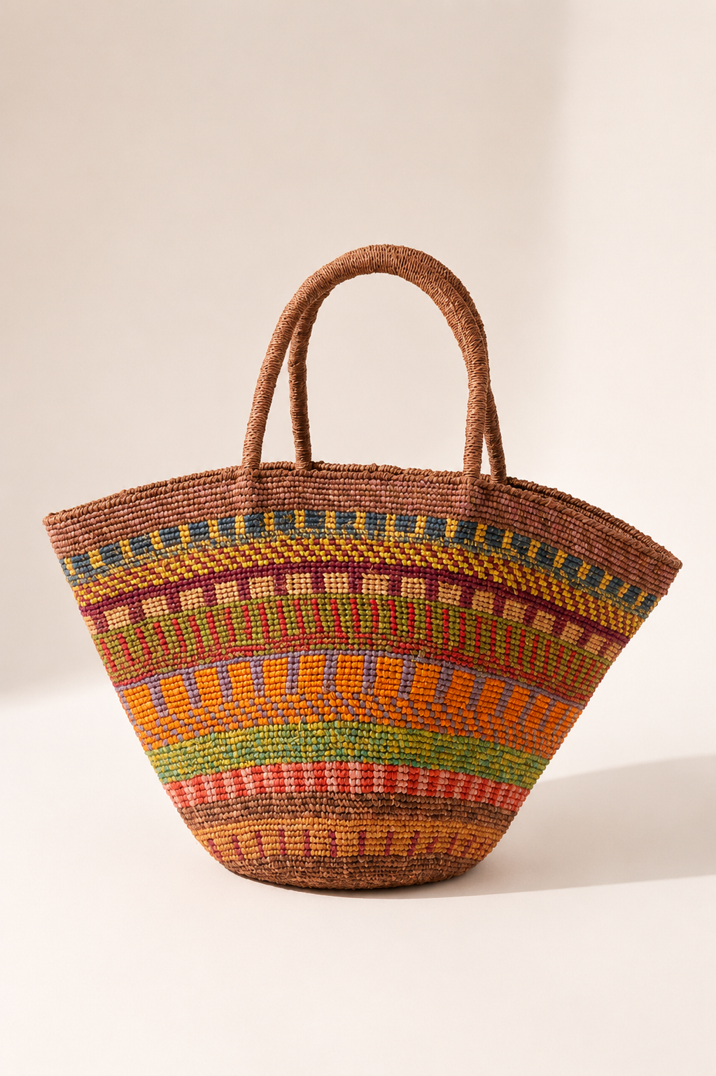 Mala Tote em Ráfia Multicolor Tecida à Mão