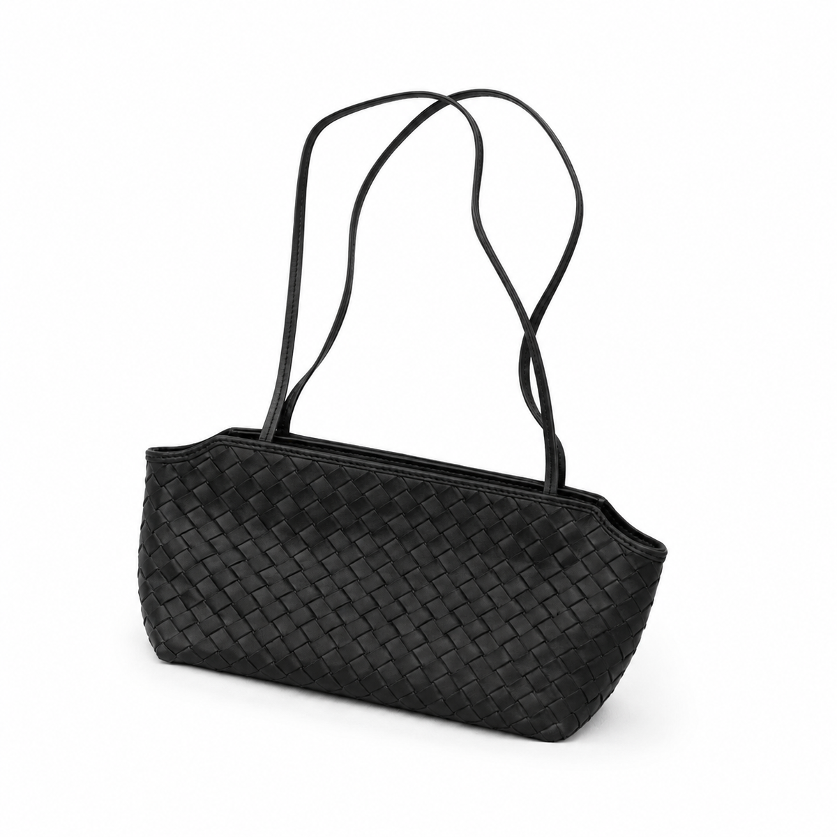 Woven Leather Shoulder Mini Tote Bag - Black